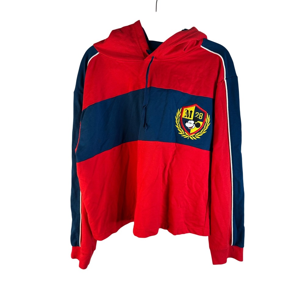 Disney Women's Red Navy Colorblock Mickey Mouse Crest Varsity Hoodie Size XL